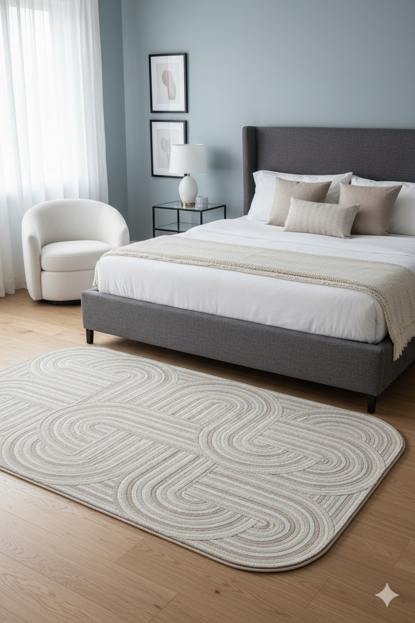 Modern yatak odasında gri başlıklı yatak, beyaz koltuk, siyah metal komodin ve desenli krem halı