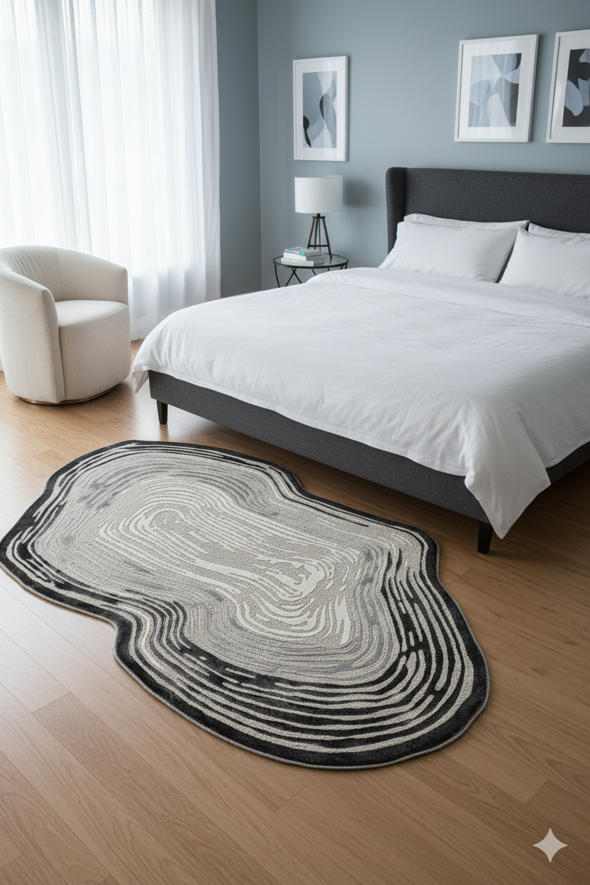 Modern beyaz nevresimli yatak, soyut halı ve sade beyaz koltuklu şık yatak odası