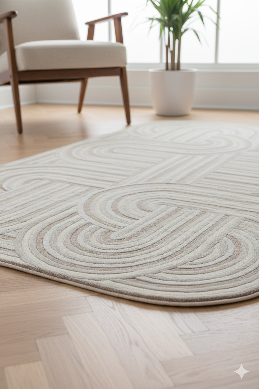 Modern dokuma desenli açık renk halı, ahşap yerde bej koltuk ve beyaz saksıda bitki