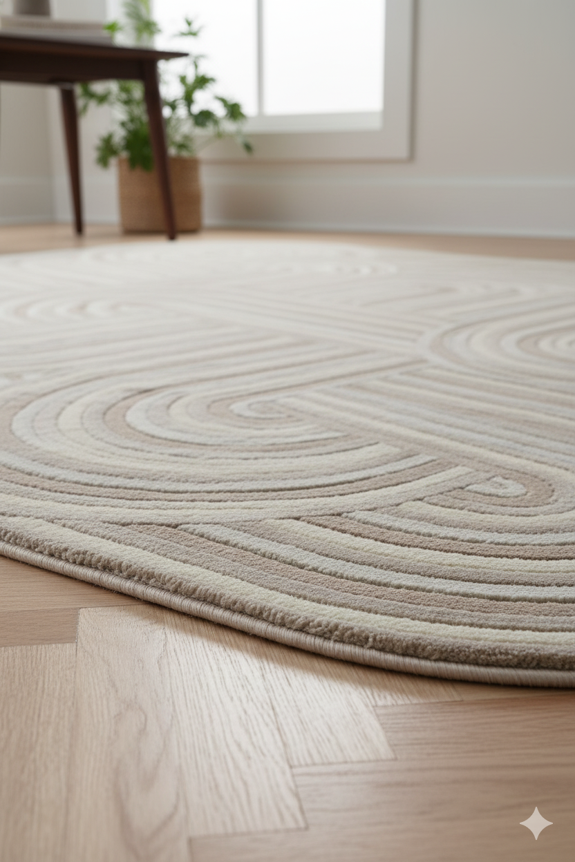 Bej ve krem renkli geometrik desenli yuvarlak salon halısı, ahşap zemin ve bitkili modern iç mekan