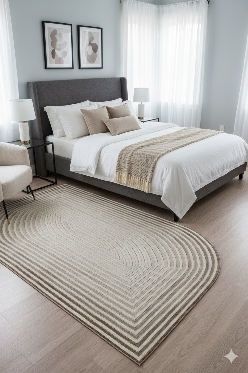 Modern gri başlıklı yatak, beyaz nevresim, bej dekoratif yastıklı yatak odası