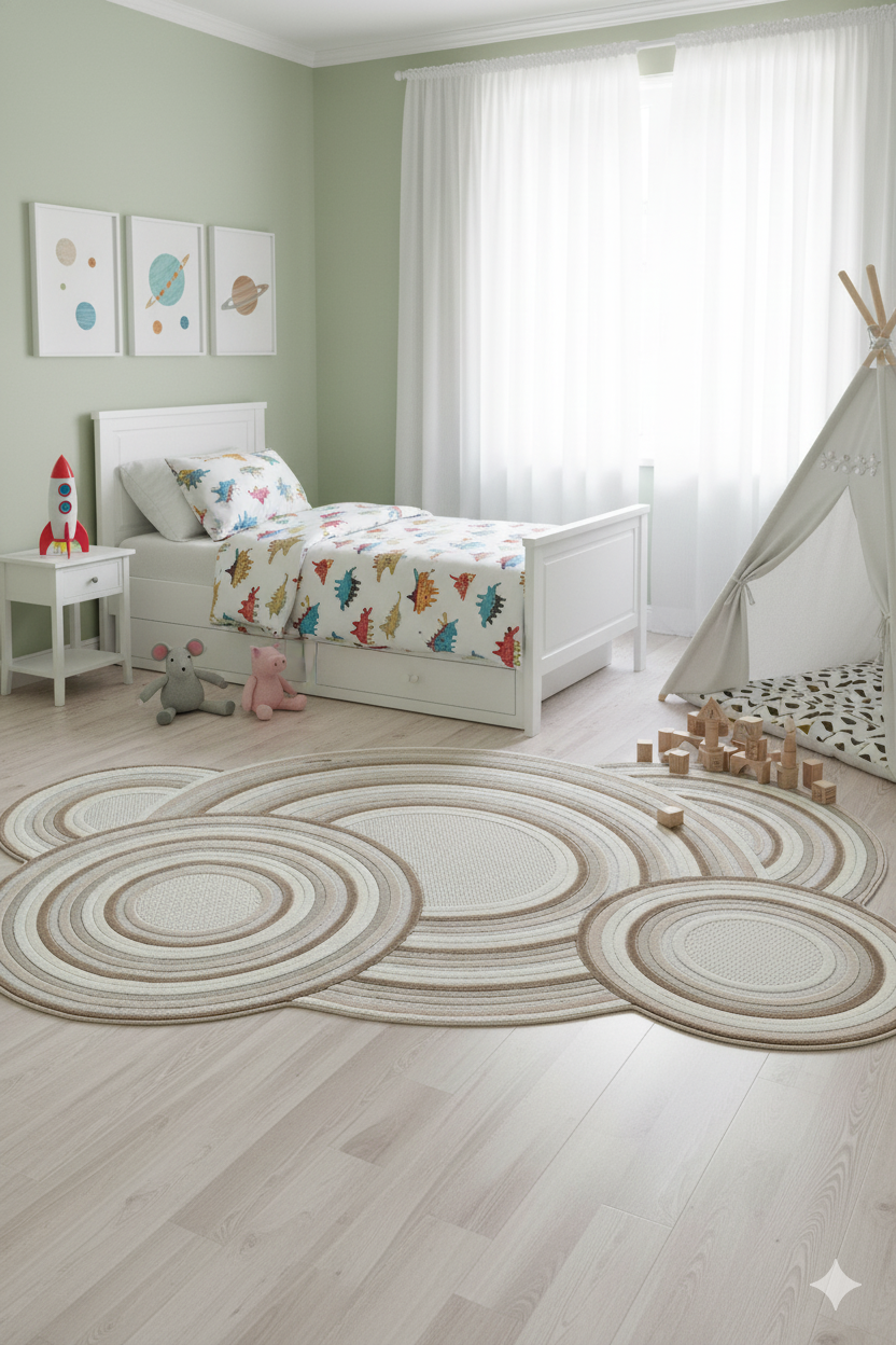 Çocuk odasında beyaz yatak, dinozor desenli nevresim, oyuncaklar, ahşap bloklar ve bej kahverengi halı
