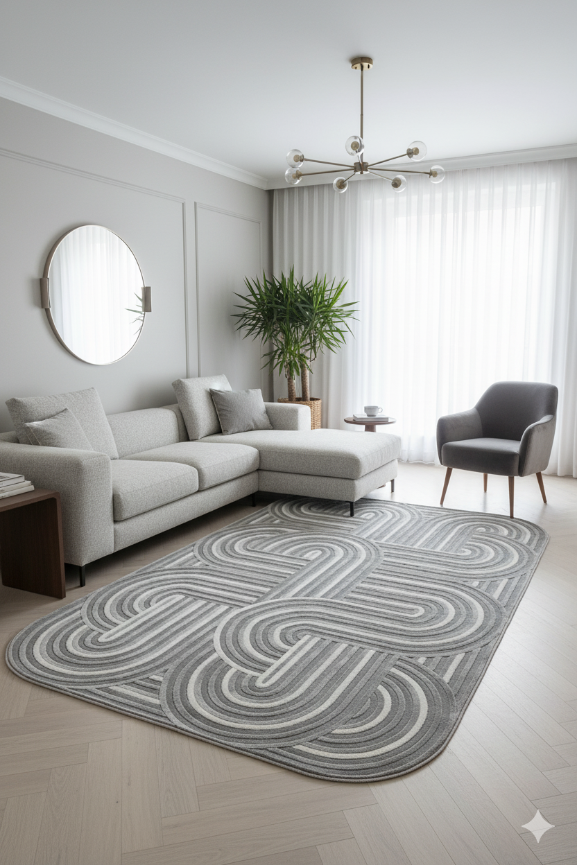 Modern gür gri L koltuk, desenli gri halı, yuvarlak ayna, bitki ve tekli sandalye bulunan minimal salon