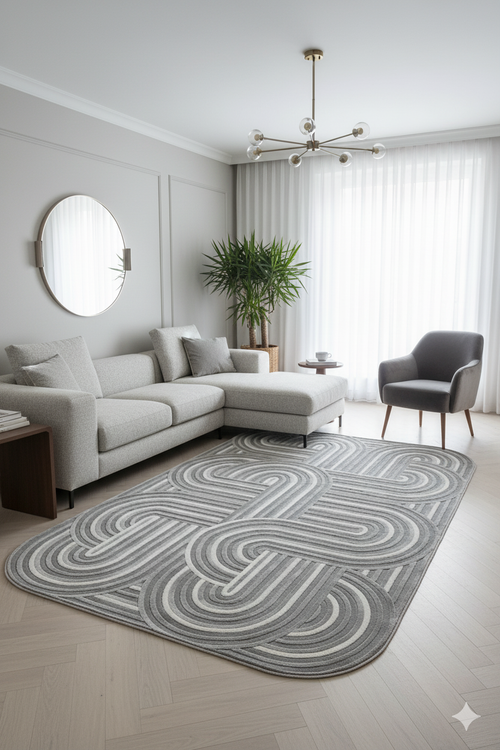 Modern gür gri L koltuk, desenli gri halı, yuvarlak ayna, bitki ve tekli sandalye bulunan minimal salon