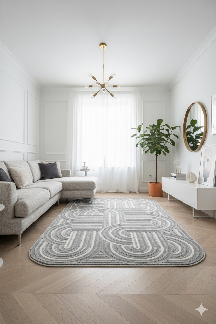 Modern beyaz oturma odası, köşe gri koltuk, desenli gri halı, büyük pencere önünde bitki ve yuvarlak ayna