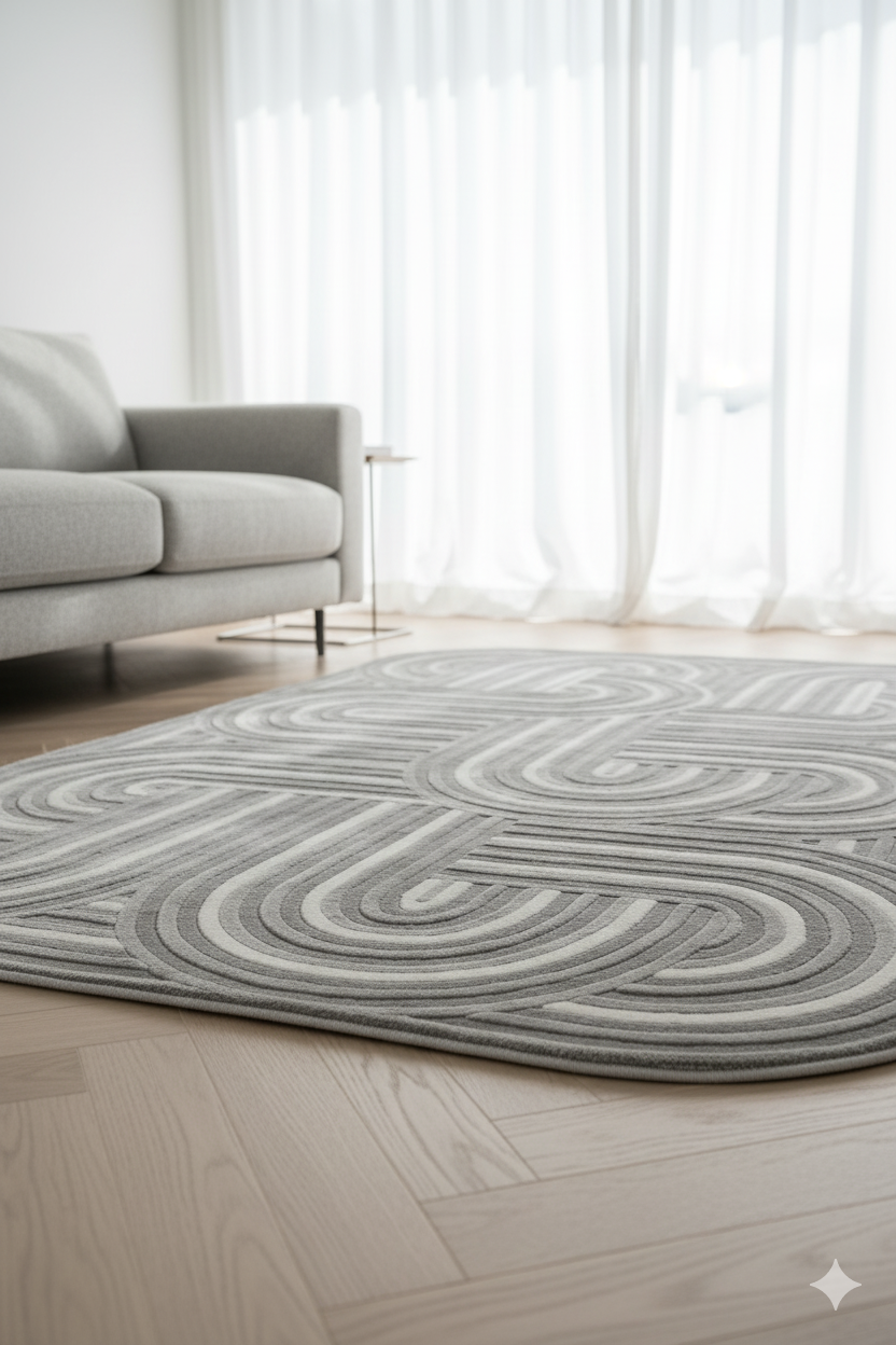 Gri geometrik desenli modern halı ve gri koltuk, doğal ışıkla aydınlatılmış oturma odası