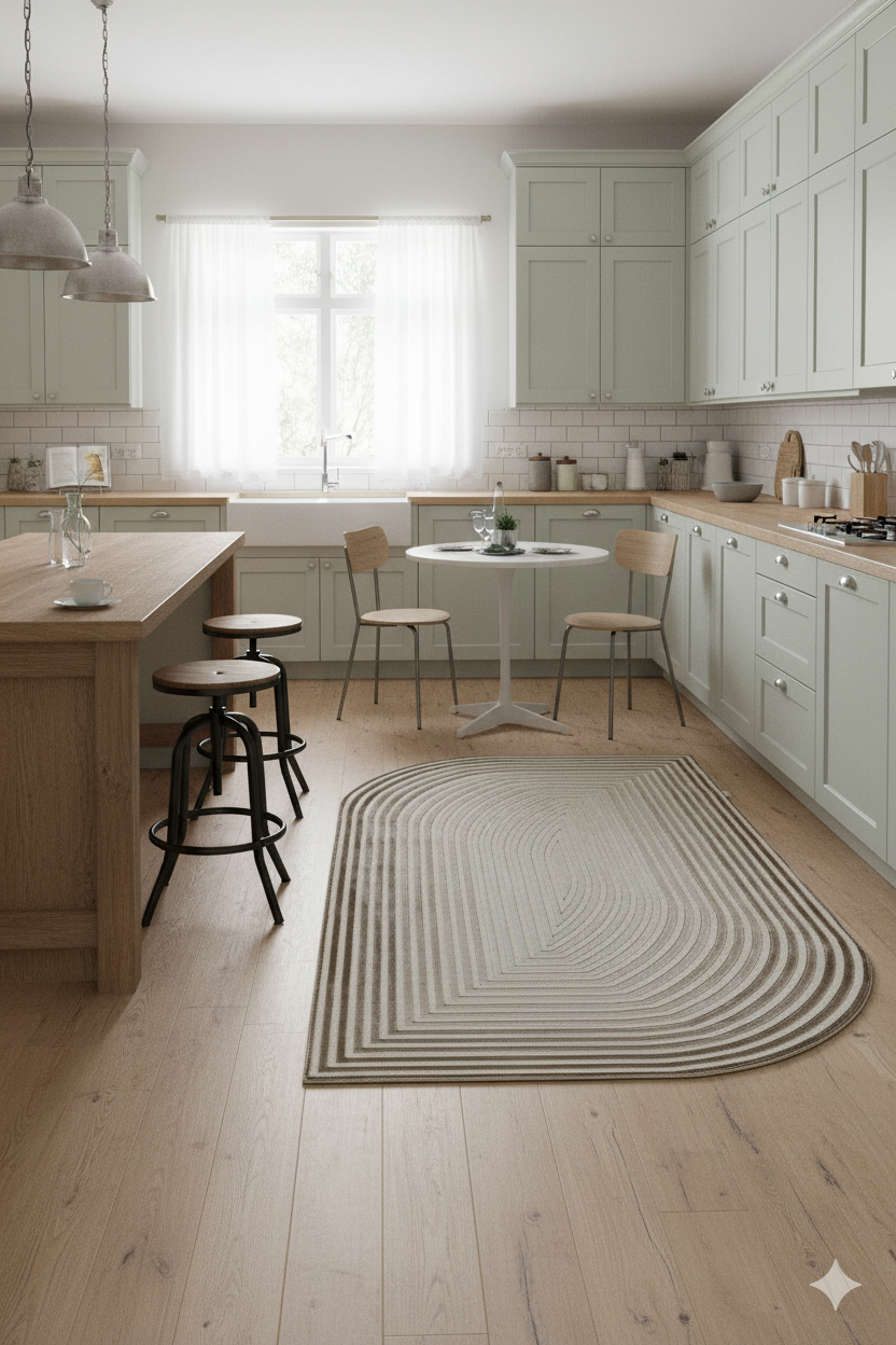 Açık yeşil dolaplı, ahşap tezgah ve açık ahşap zeminli, doğal ışık alan modern mutfak