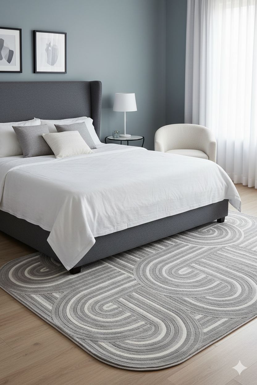 Modern gri başlıklı yatak, beyaz nevresim, desenli gri halı ve beyaz koltuklu şık yatak odası