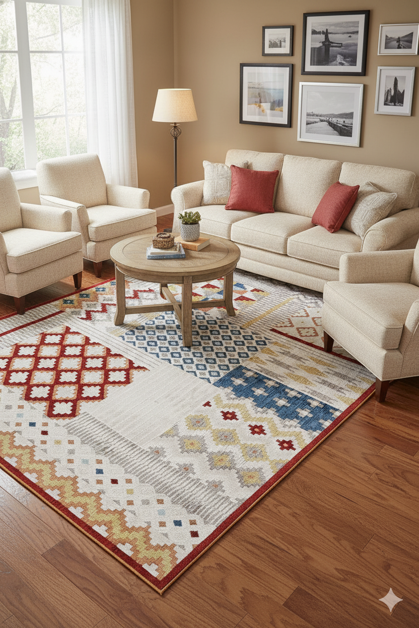 Bej koltuk takımı, ahşap yuvarlak sehpa, renkli geometrik desenli halı ve lamba ile modern oturma odası