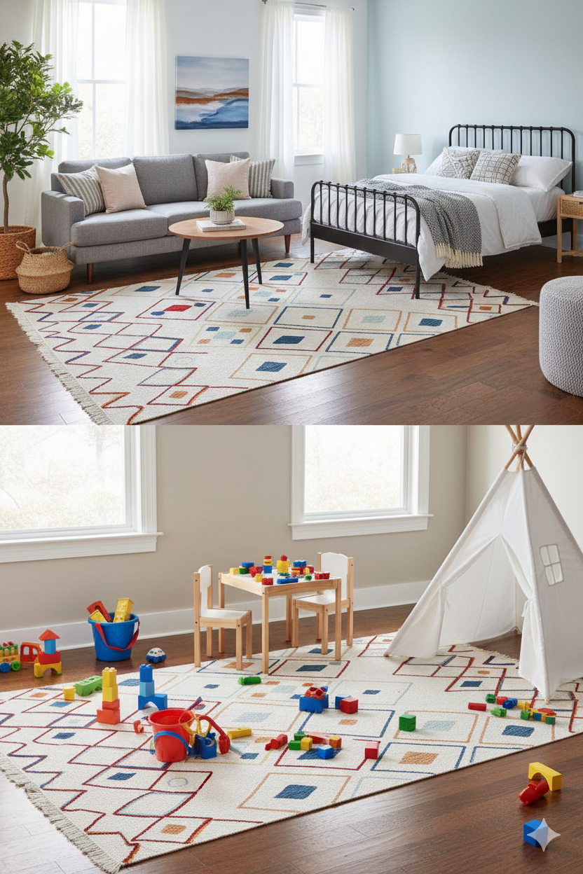 Modern oturma odası ve çocuk oyun alanı, geometrik desenli renkli dekoratif halı ile