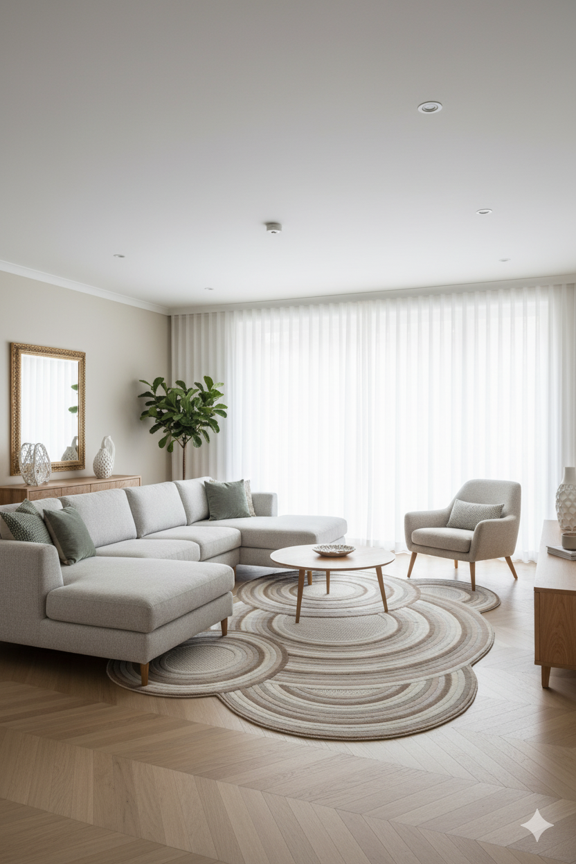 Modern açık gri köşe koltuk, ahşap yuvarlak sehpa ve geometrik halı ile şık oturma odası