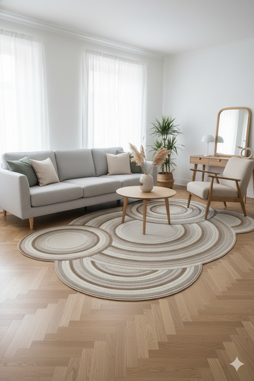 Modern oturma odasında gri kanepe, ahşap sehpa, yuvarlak desenli halı ve rahat koltuk
