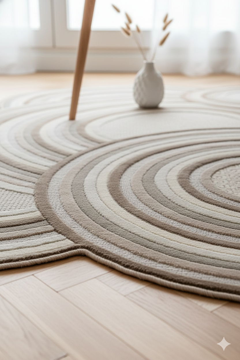 Dairesel desenli bej nötr renklerde modern halı ve vazo, ahşap zemin üzerinde