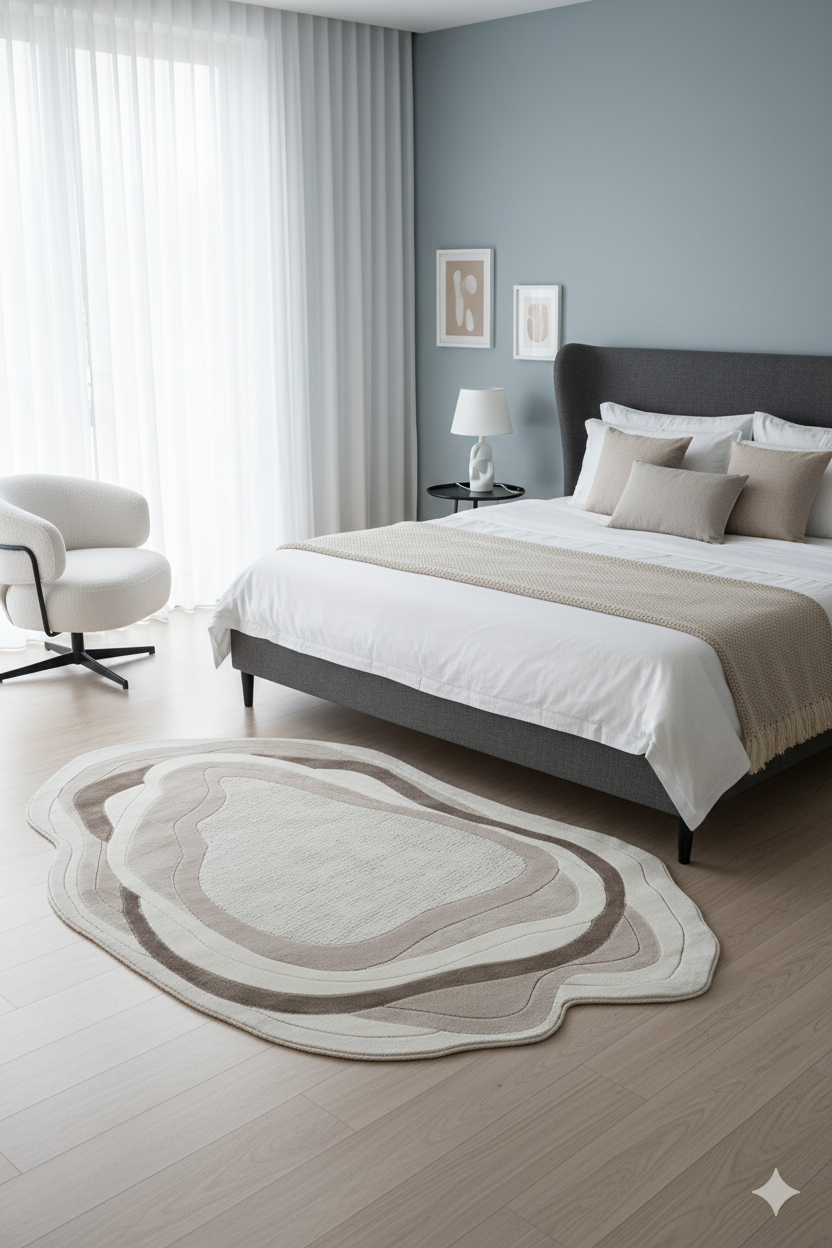 Modern minimalist yatak odasında gri başlıklı yatak, bej yastıklar, soyut sanat panoları ve desenli halı