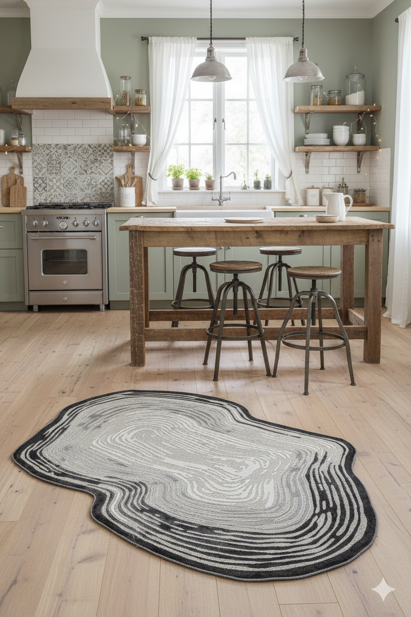 Ahşap masa ve tabureli doğal ışık alan modern şık mutfak, desenli gri kilim, açık yeşil dolaplar