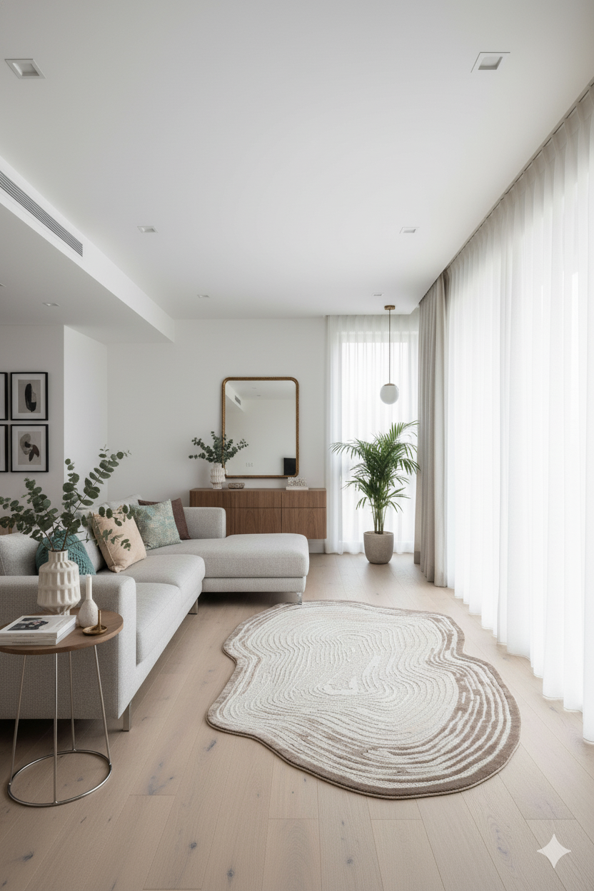 Modern açık gri köşe koltuk, organik halı ve büyük pencereli minimal beyaz oturma odası