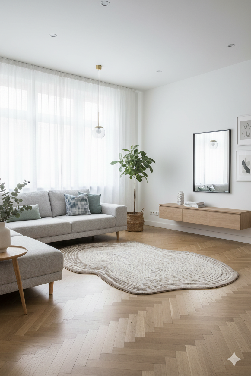 Modern beyaz salon dekorasyonu, gri köşe koltuk, şeffaf avize, ahşap duvar rafı ve organik halı