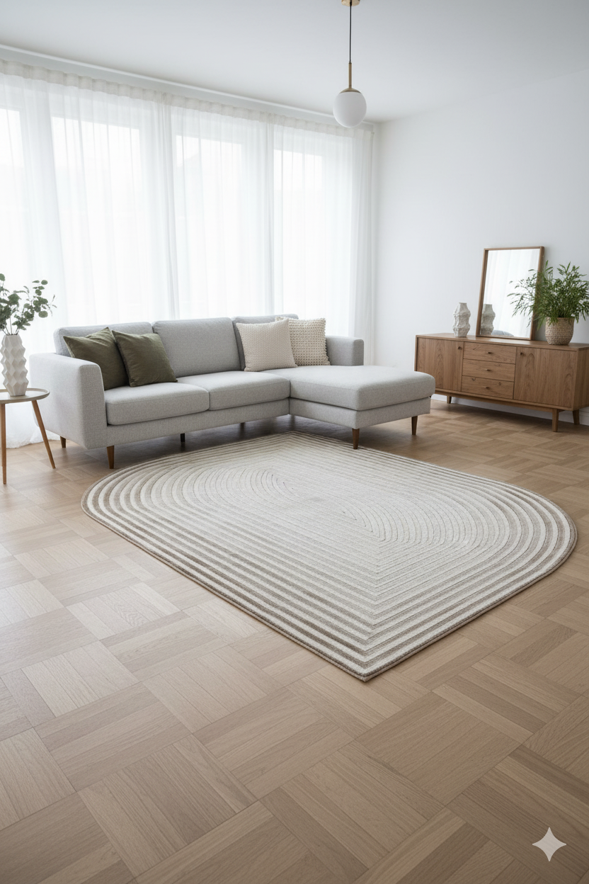 Modern gri köşe kanepe, geometrik desenli halı, minimalist ahşap mobilya ve doğal ışıkla aydınlanan salon