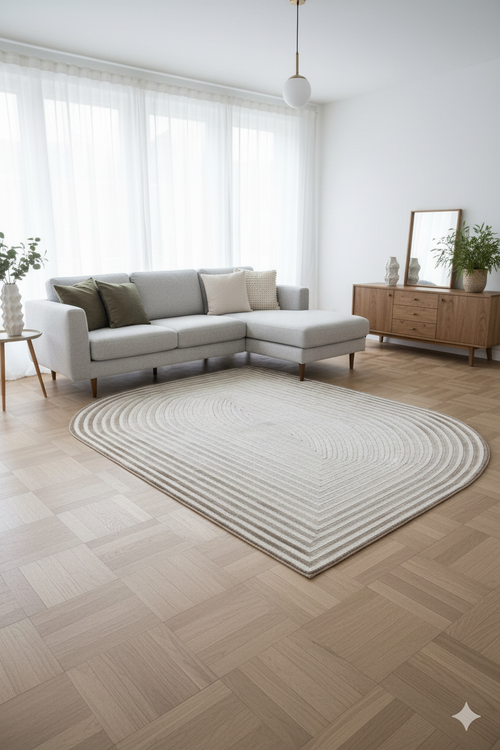 Modern gri köşe kanepe, geometrik desenli halı, minimalist ahşap mobilya ve doğal ışıkla aydınlanan salon