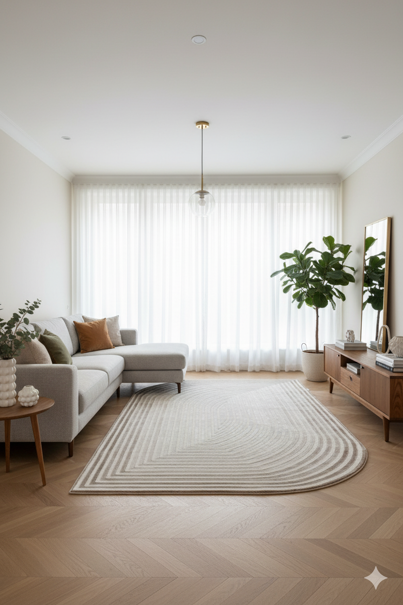 Modern oturma odasında gri köşe koltuk, ahşap TV ünitesi ve büyük dekoratif ayna