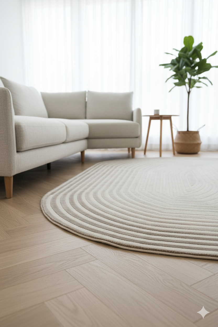 Modern bej köşe koltuk, ahşap sehpa, dekoratif bitki ve oval desenli açık renk halı