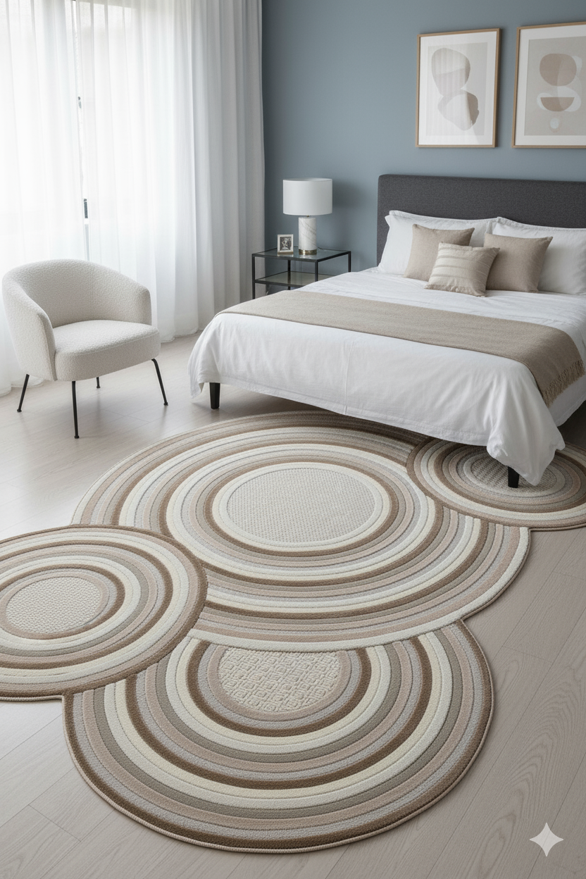 Modern yatak odası, bej-beyaz dairesel halı, grilik yatak başlığı, komodin lambası ve beyaz koltuk