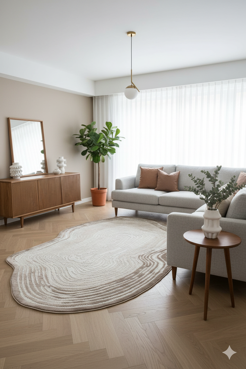 Modern bej ve kahverengi tonda salon, gri koltuklar, ahşap konsol ve doğal ışık