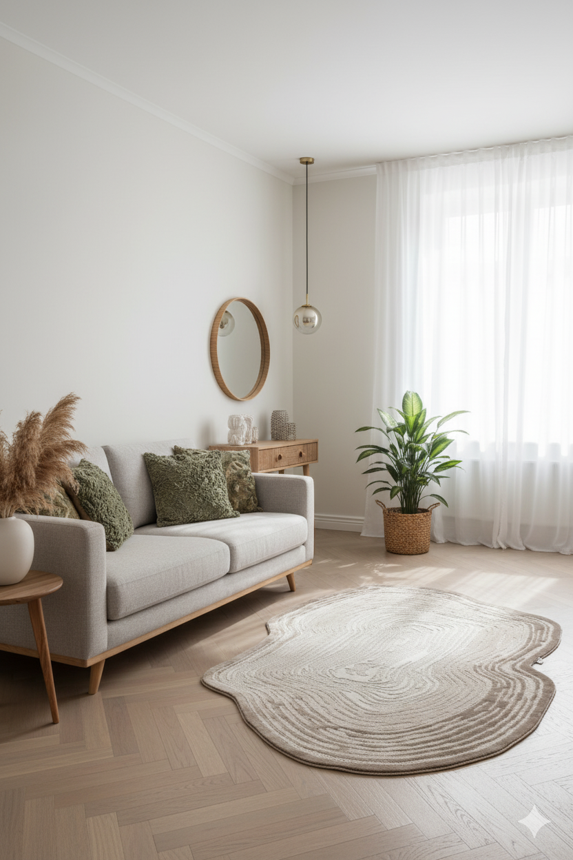 Modern minimalist oturma odası gri koltuk, yeşil yastıklar, doğal ahşap mobilyalar ve büyük saten halı ile