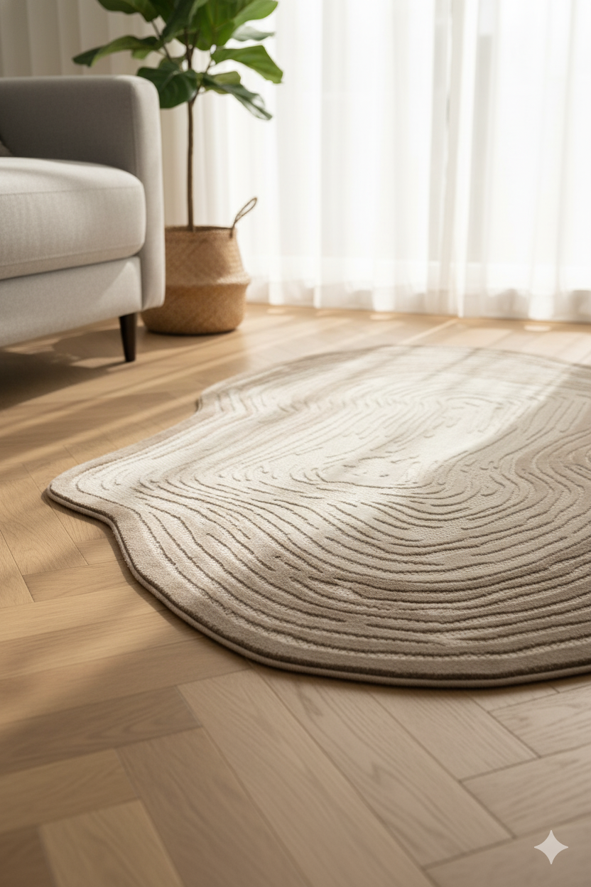 Modern salon köşesinde ahşap parke üzerinde desenli bej halı ve saksıda büyük yeşil yapraklı bitki