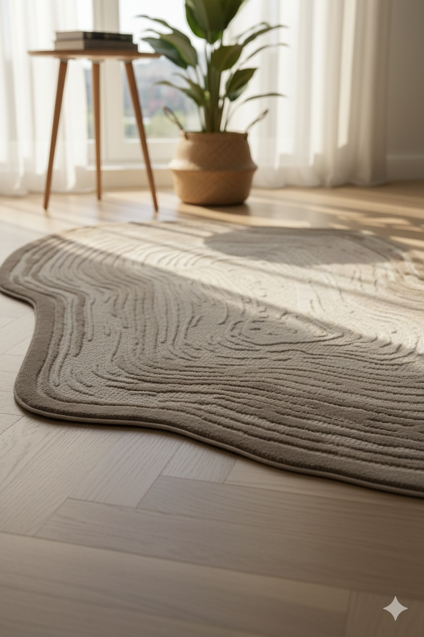 Doğa desenli bej dekoratif halı, ışık alan modern oturma odasında