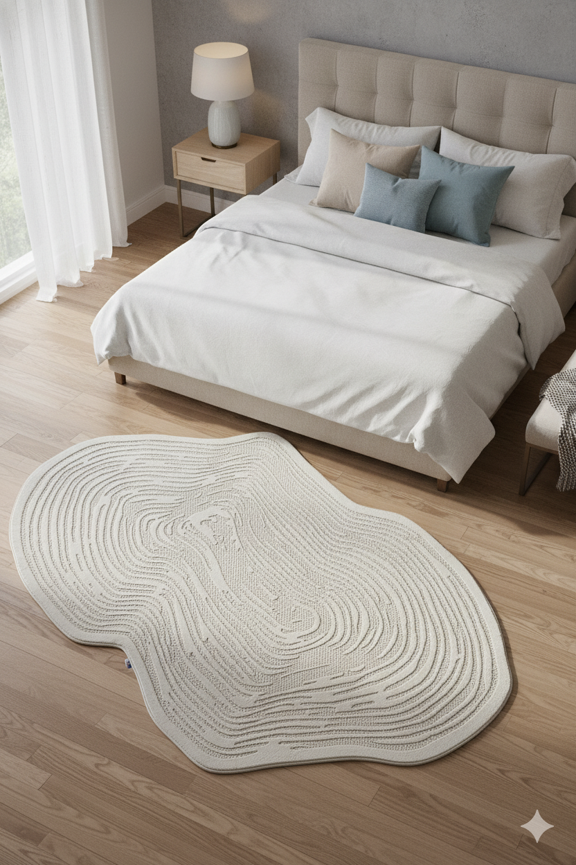 Modern yatak odasında nötr renkli yatak, dekoratif yastıklar ve dalgalı desenli krem rengi halı