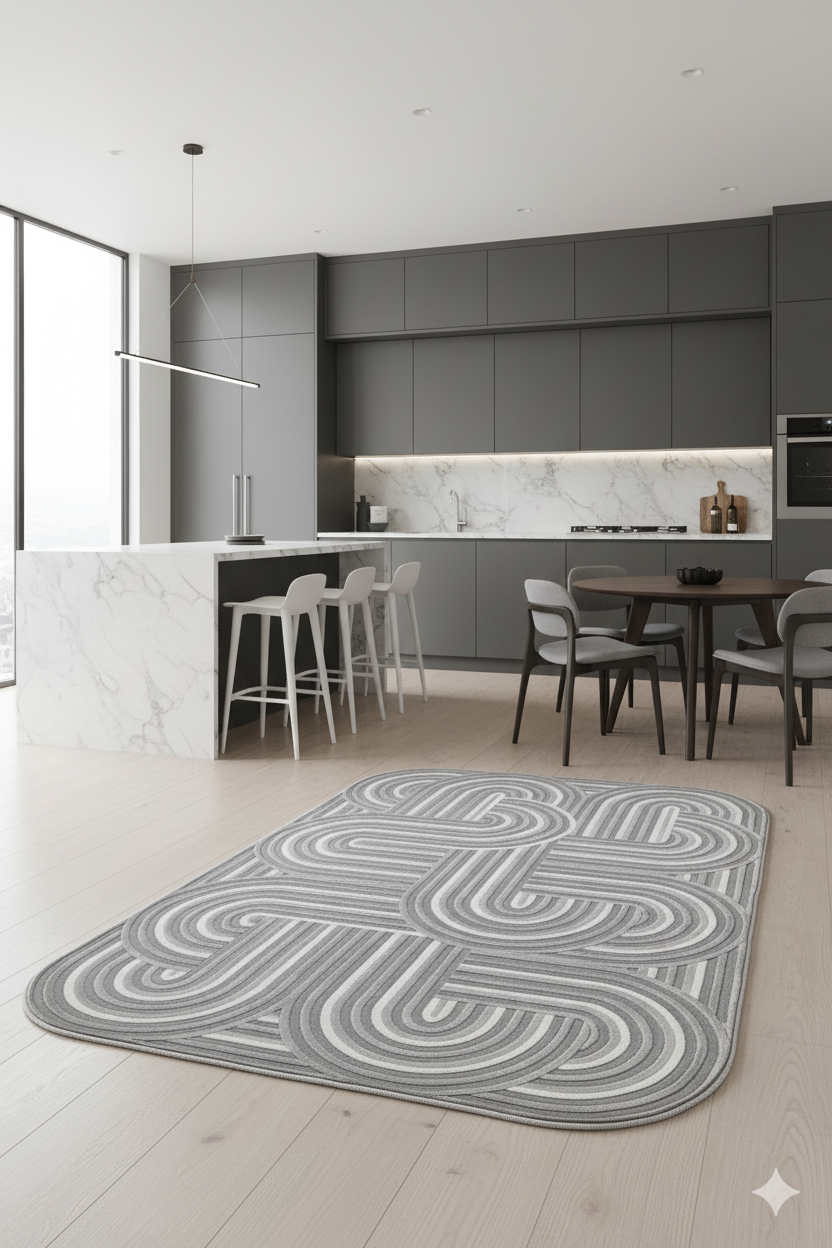 Modern gri mutfak ve beyaz mermer tezgah ile açık salon alanda geometrik desenli gri halı