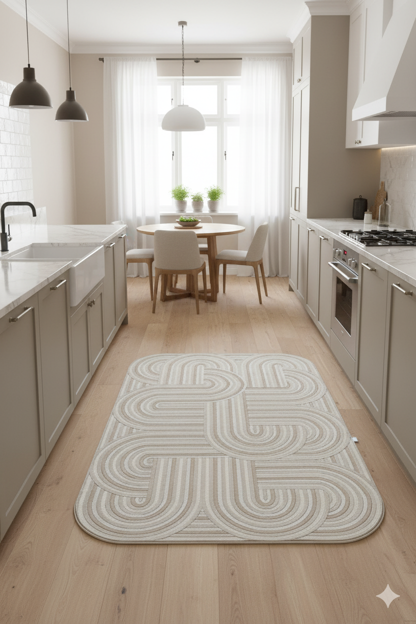 Modern bej tonlarında mutfakta geometrik desenli halı, yuvarlak yemek masası ve nötr renkli sandalyeler