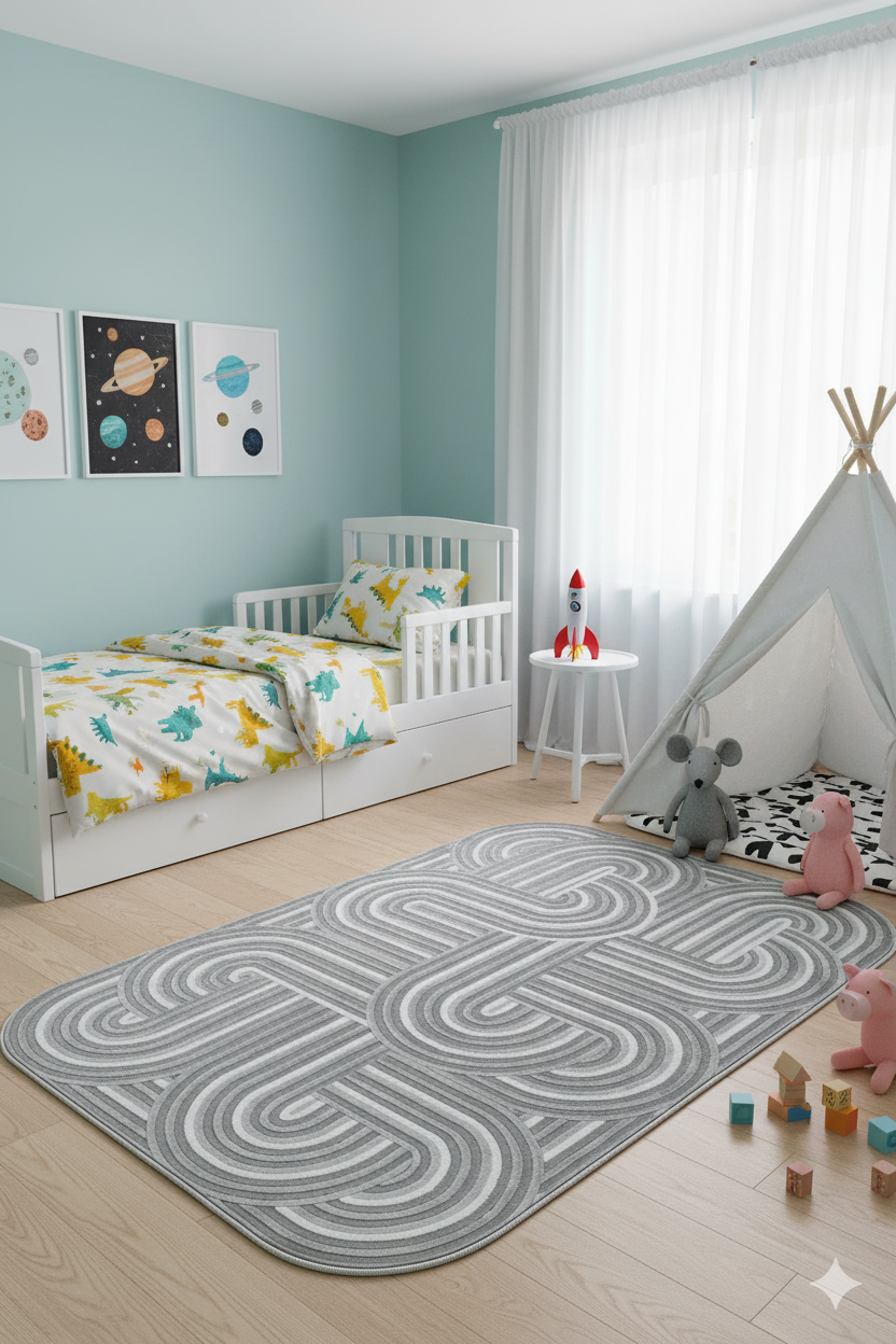 Mavi duvarlı çocuk odasında beyaz yatak, uzay temalı tablo, dinozor desenli nevresim, oyun çadırı ve gri halı