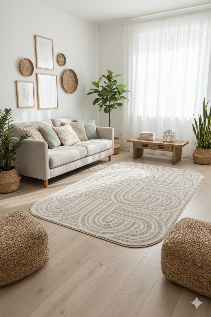Doğal tonlarda rahat oturma odası, açık gri koltuk, desenli halı, hasır sepetler ve yeşil bitkiler