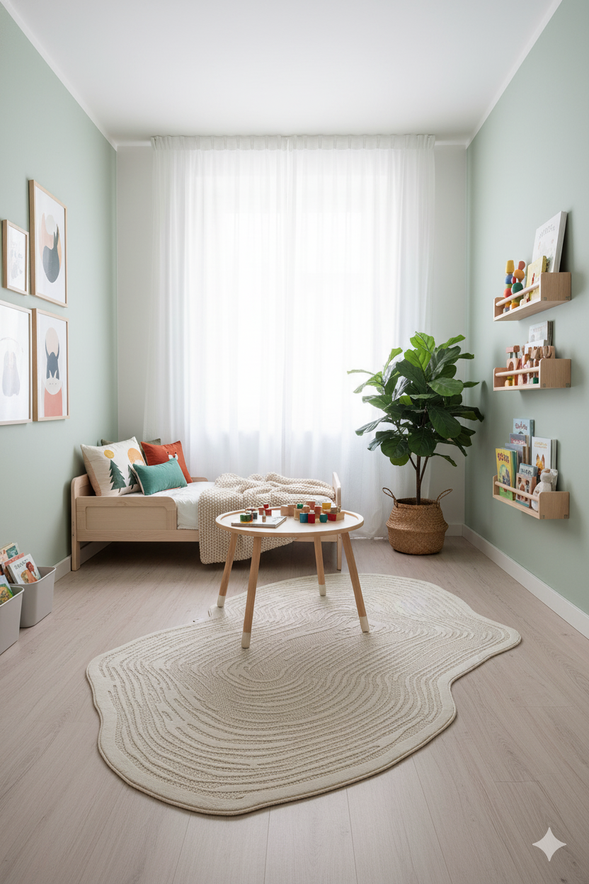 Pastel yeşil duvarlı çocuk odasında küçük yatak, oyun masası ve dekoratif halı
