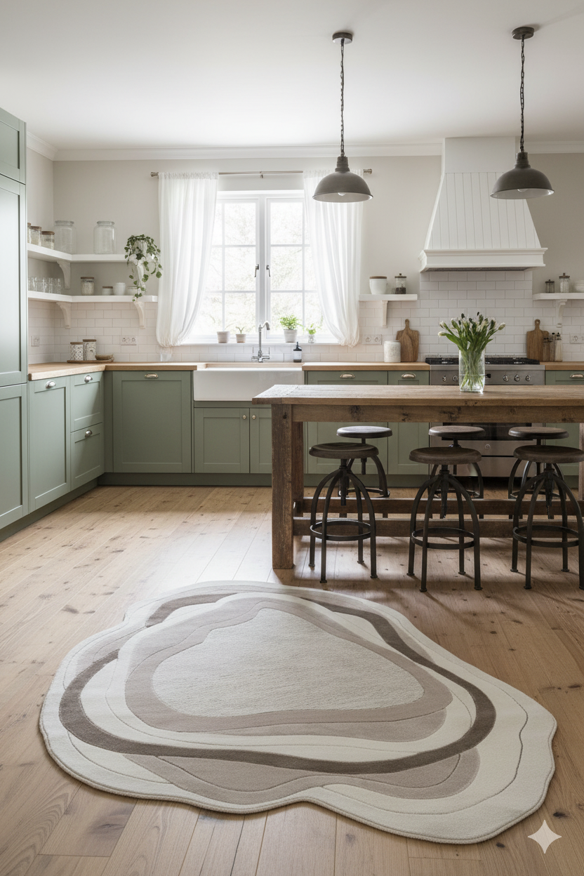 Yeşil mutfak dolapları, ahşap tezgah ve ada, şık halı ve doğal ışıkla aydınlatılmış modern mutfak