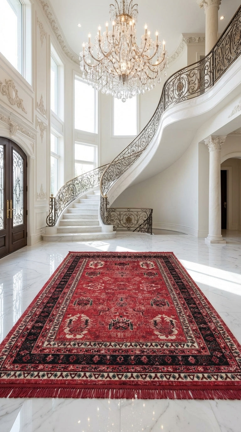 Mermer zemin, kırmızı halı, büyük kristal avize ve kıvrımlı demir korkuluklu lüks merdiven