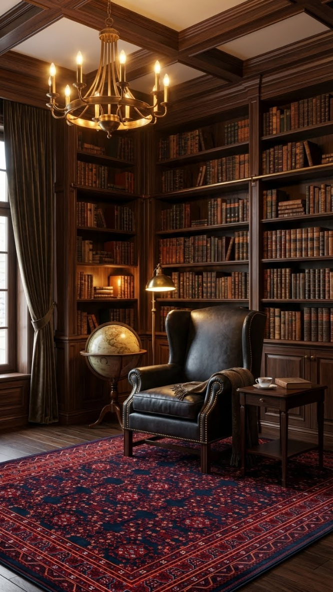 Ahşap kitaplık, deri koltuk, dünya küresi, klasik lamba ve kırmızı desenli halı ile klasik kütüphane odası