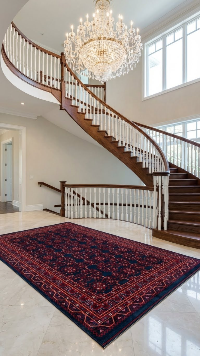 Lüks evde kıvrımlı ahşap merdiven, büyük kristal avize ve renkli halı