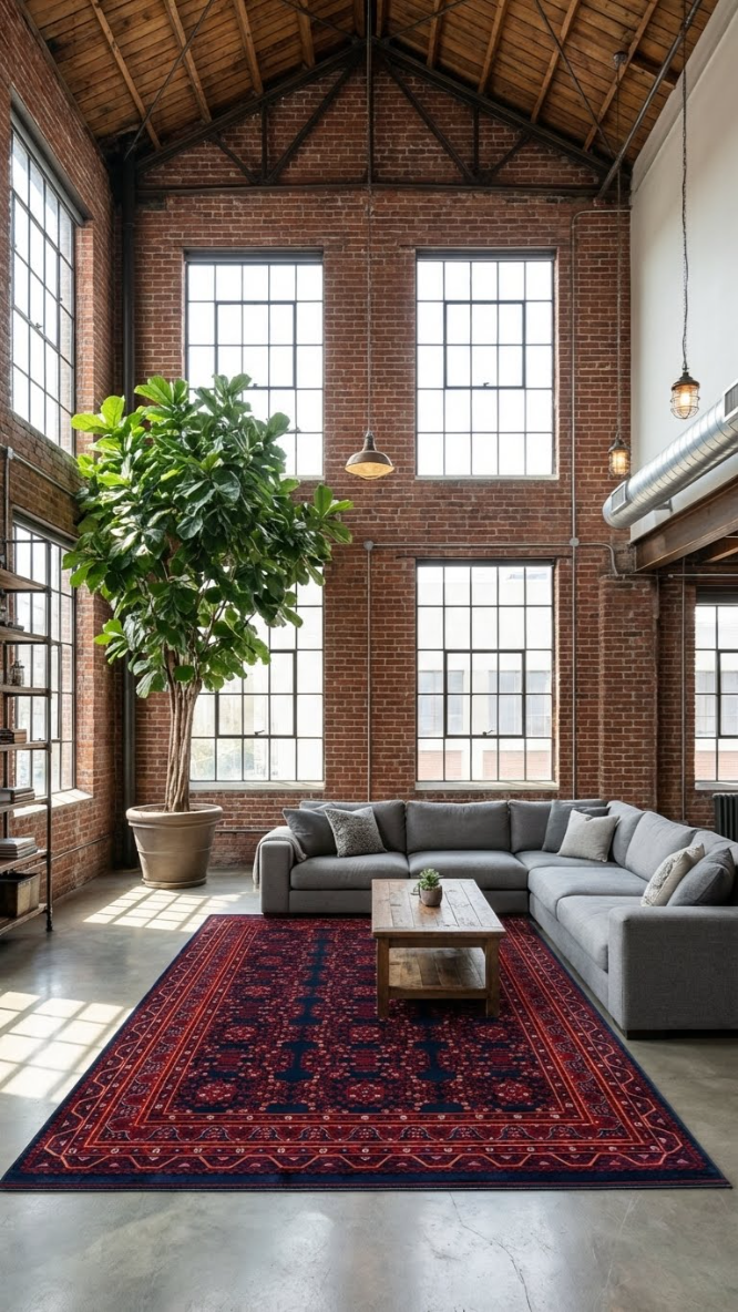 Endüstriyel tuğla duvarlı oturma odasında büyük yeşil bitki, gri köşe koltuk ve kırmızı desenli halı