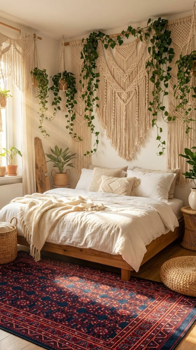 Doğal ışık alan bohem yatak odasında makrome duvar süslemeleri ve yeşil bitkilerle dekore edilmiş rahat çift kişilik yatak