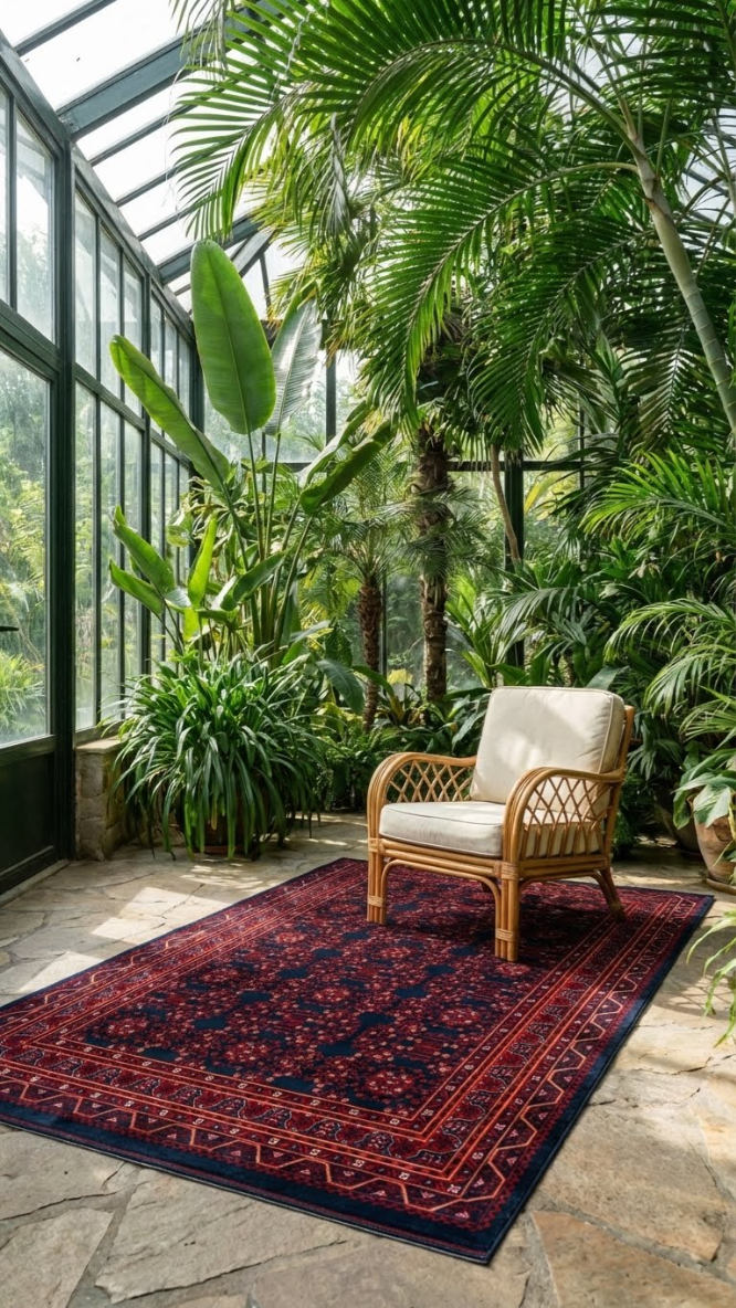 Serin bir güneş ışığı alanında bambu koltuk ve kırmızı desenli halı ile bitkilerle dolu veranda