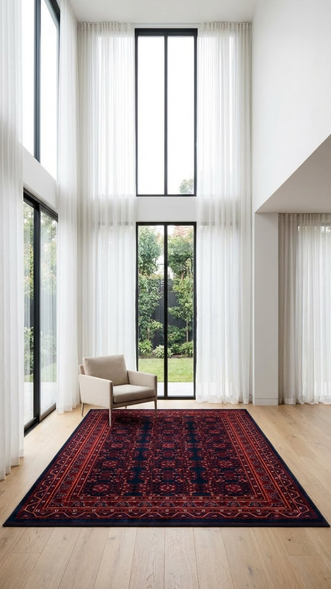 Beyaz tül perdelerle çevrili büyük camlı modern salon, kırmızı desenli halı ve bej tekli koltuk