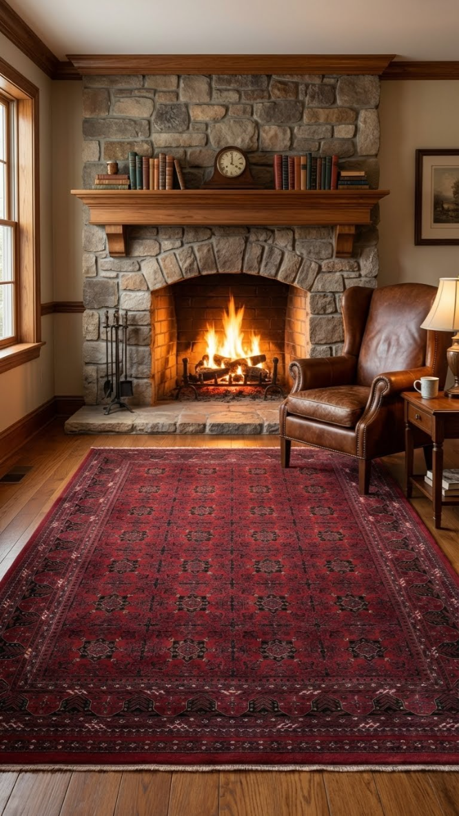 Taş şömine, yanan odun ateşi, üzerine yerleştirilmiş kitaplar ve saat, yanında kahverengi deri koltuk ve kırmızı desenli halı