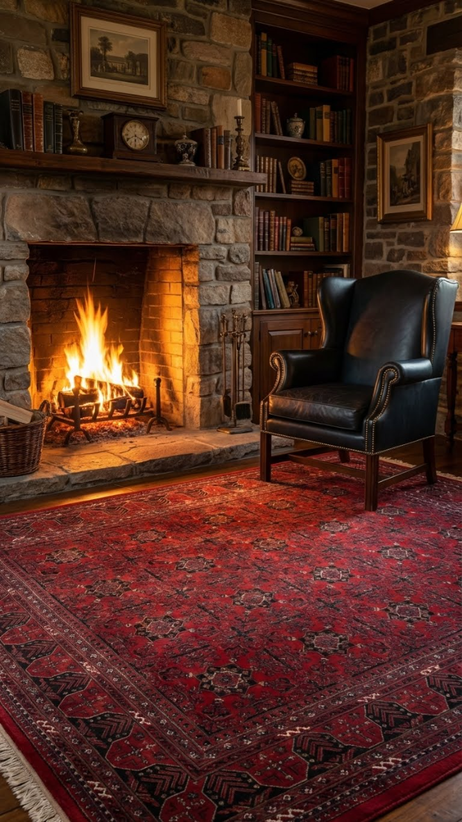 Taş şömineli oturma odasında yanan ateş, deri koltuk ve kırmızı klasik halı