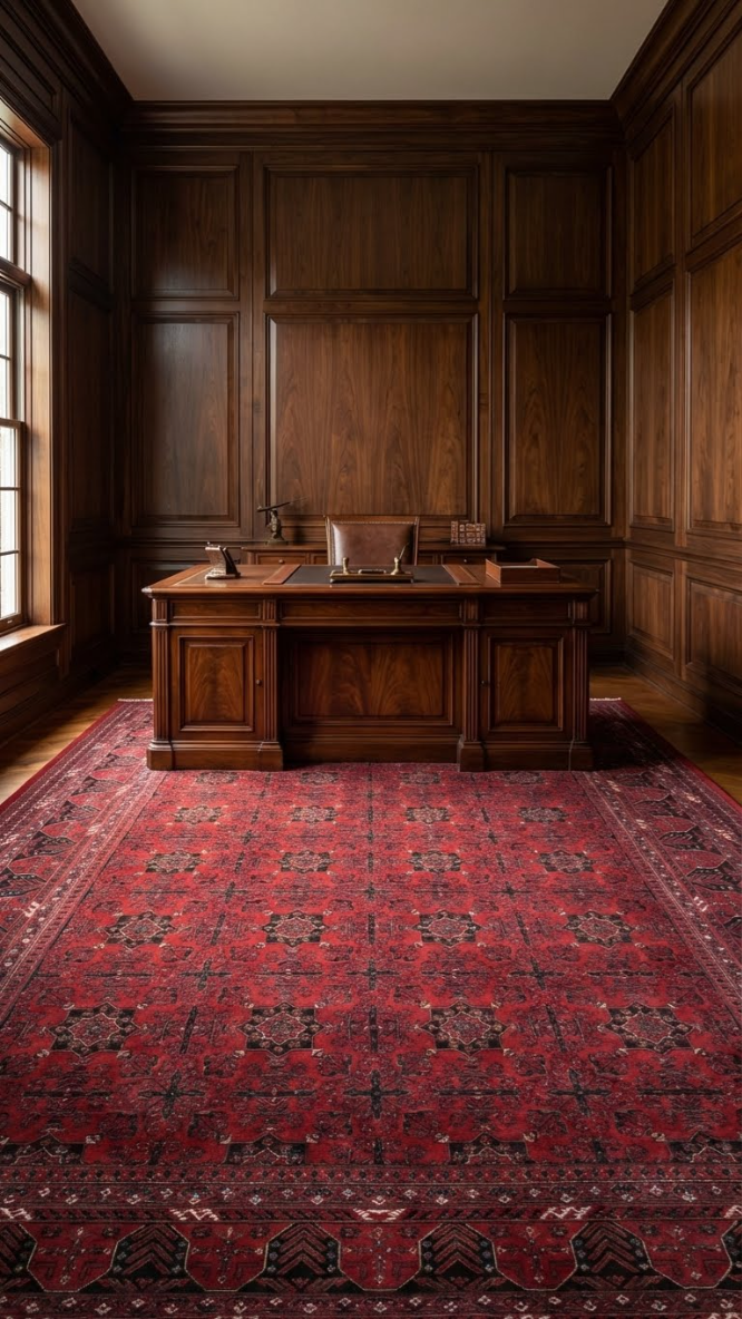 Koyu ahşap panelli ofiste klasik ahşap masa, deri sandalye, kırmızı desenli halı ve büyük pencere