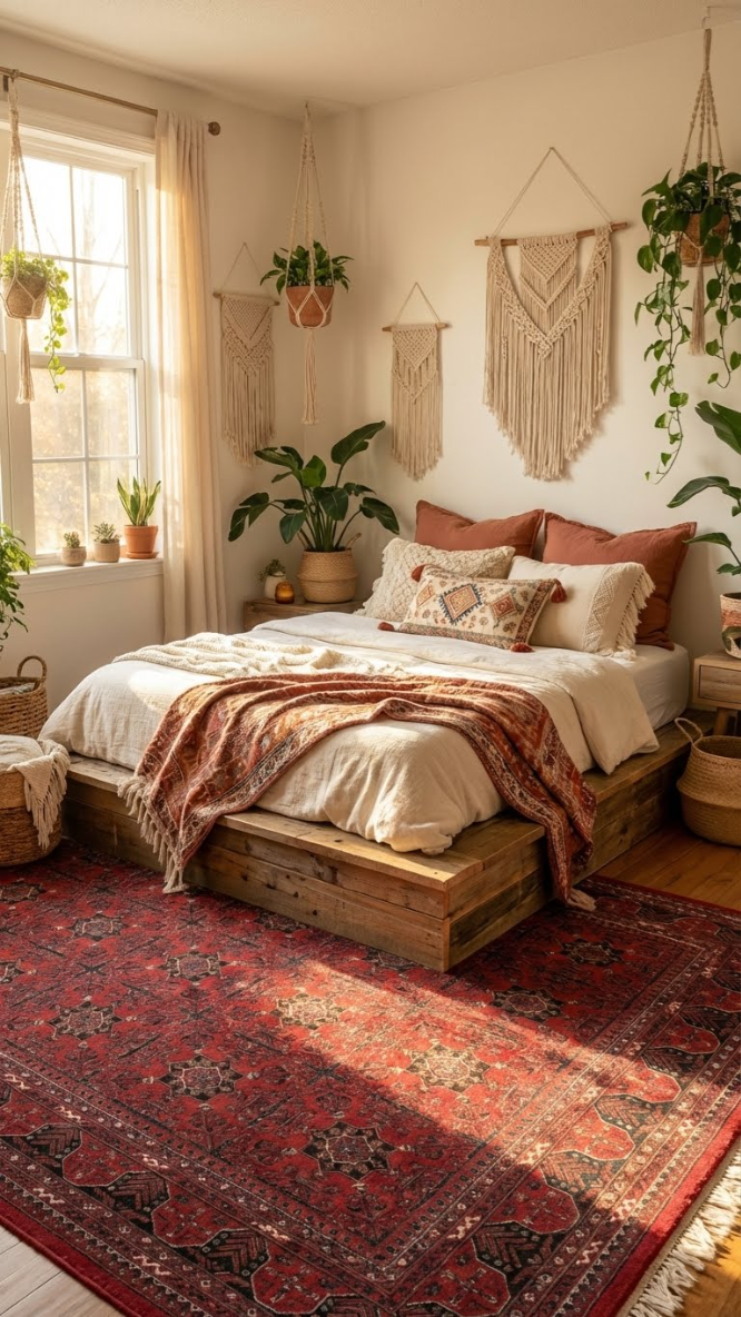 Doğal ahşap platform yatak, krem battaniye ve yastıklar, makrome duvar süslemeleri ve bitkilerle sıcak yatak odası