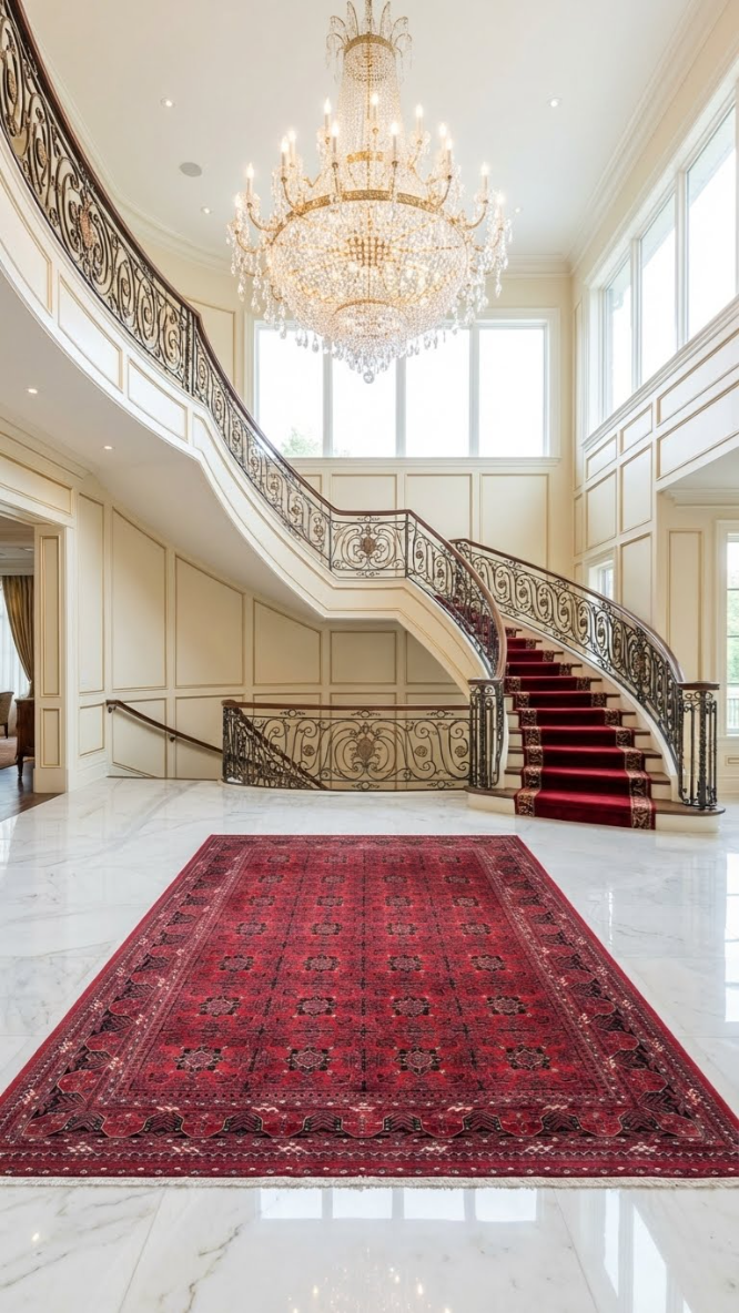 Lüks kırmızı halı ve gösterişli kristal avize ile beyaz mermer zeminli büyük merdiven