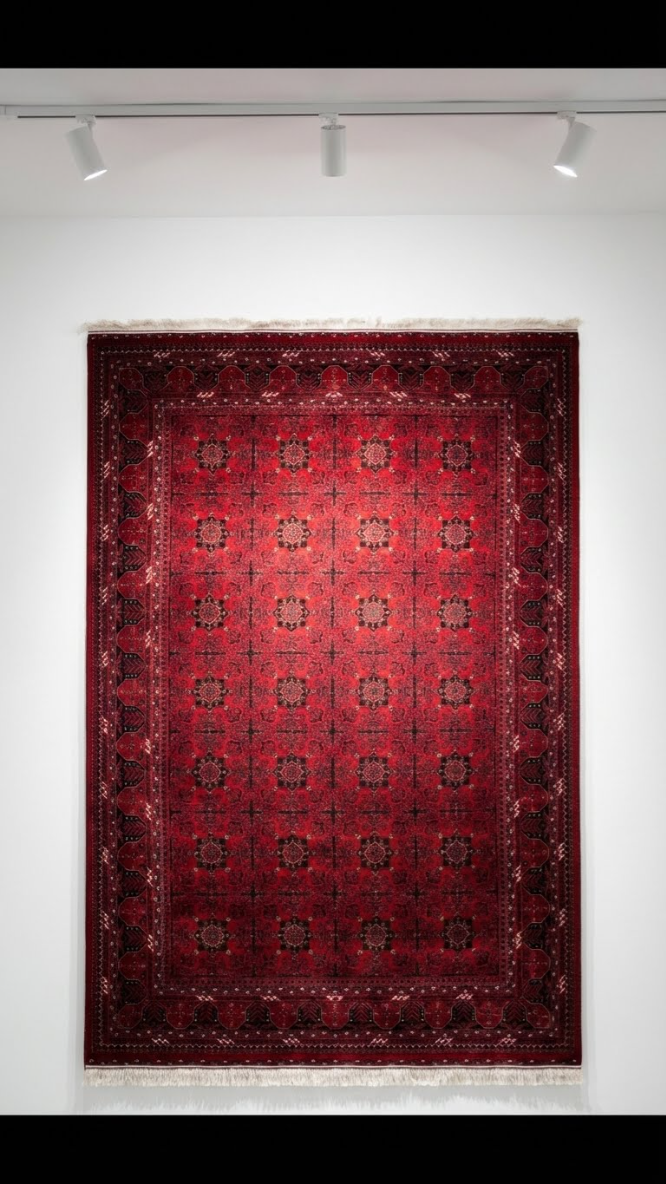 Kırmızı geleneksel desenli el yapımı halı, beyaz duvarda asılı ve spot ışıklarla aydınlatılıyor